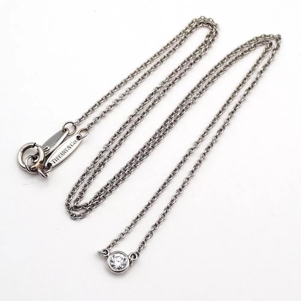 TIFFANY & CO. By The Yard Single Diamond Pendant Necklace Pt 950 Silver